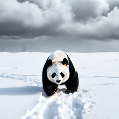 Panda walking in snowy landscape
