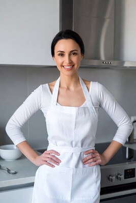 Smiling woman in white apron in kitchen