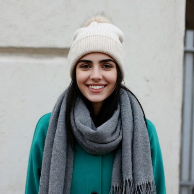 Smiling woman in beanie and scarf