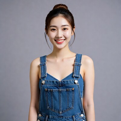 Asian woman smiling in denim overalls