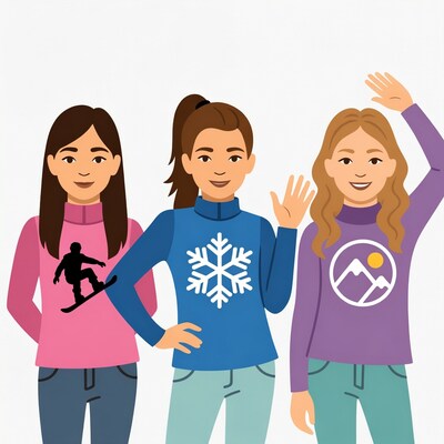 Three girls waving in winter sweaters