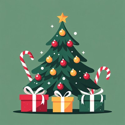 Illustrated Christmas Tree with Gifts