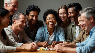 Diverse group laughing playing board game