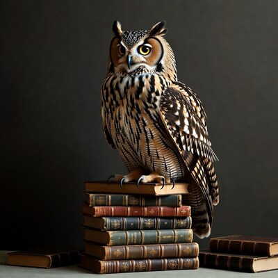 Owl perched on stack of books
