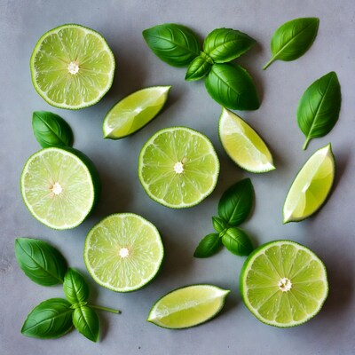 Lime Slices with Basil Leaves