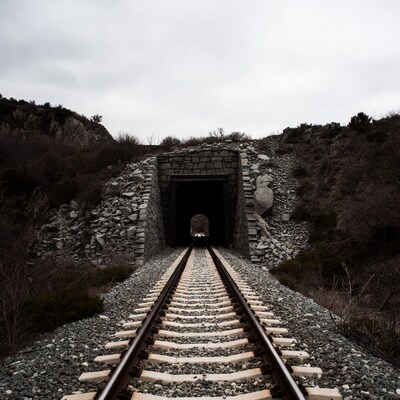 Train tracks leading into stone tunnel