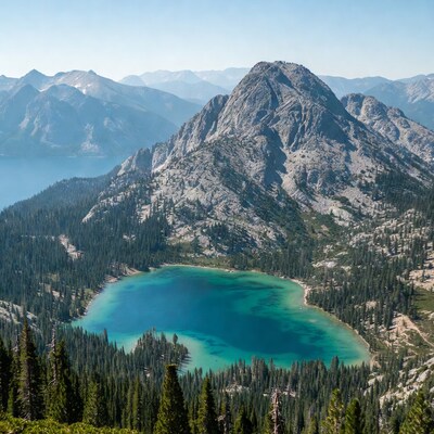Turquoise alpine lake with mountains