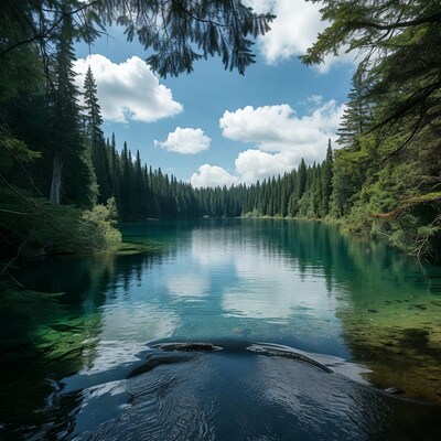Turquoise lake surrounded by pine forest