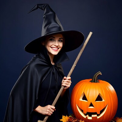 Smiling witch with broom and jack-o-lantern