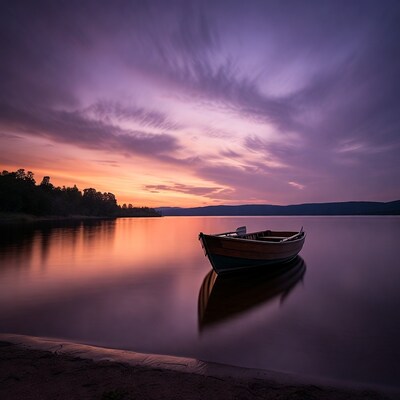 Rowboat on calm lake at sunset