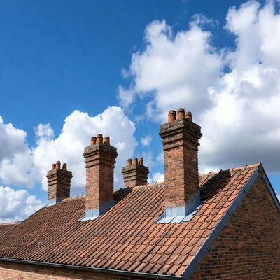 Brick Chimneys on Rooftop Against Blue Sky