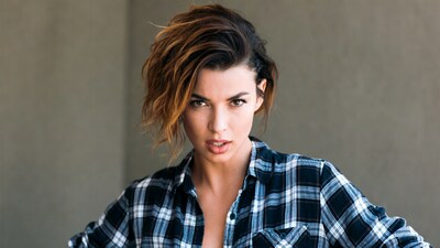 Woman in plaid shirt closeup