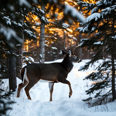 Buck walking in snowy forest