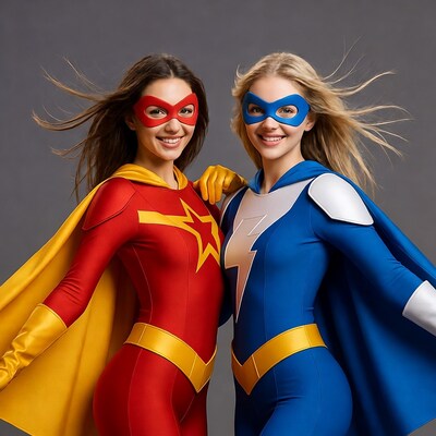 Two women in red and blue superhero costumes