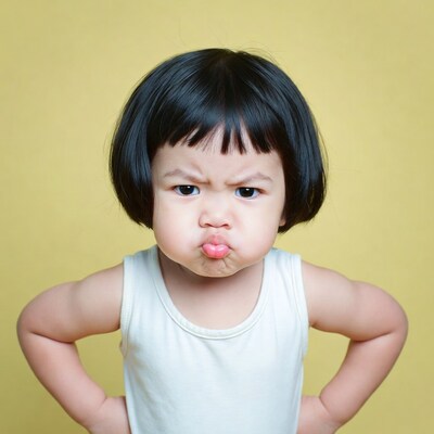 Asian toddler girl pouting with hands on hips
