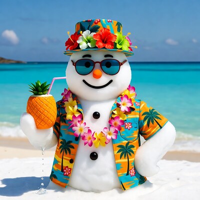 Snowman in Hawaiian vacation outfit