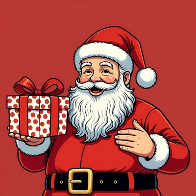 Smiling Santa Claus holding gift