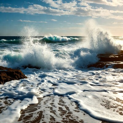 Crashing Waves on Rocks at Sunset