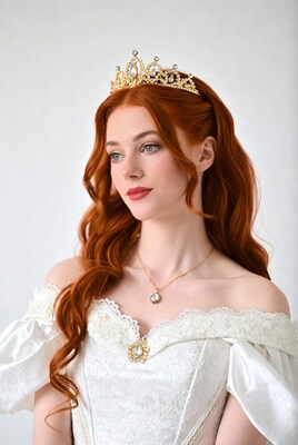 Redhead woman in gold crown and white gown