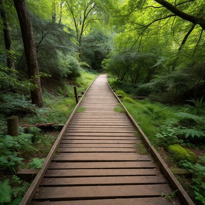 Wooden boardwalk through lush green forest