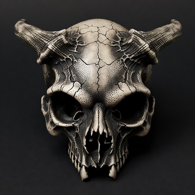 Demonic Horned Skull on Black Background