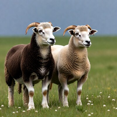 Brown and white rams in green field