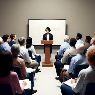 Woman speaking at business presentation