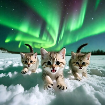 Kittens playing in snow under aurora