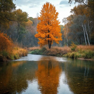 Bright orange tree by river reflection
