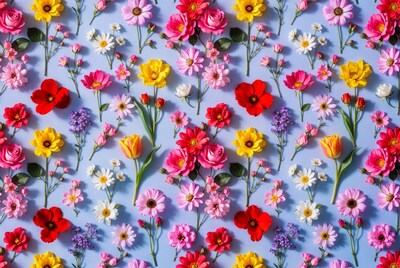 Colorful Flowers on Blue Background