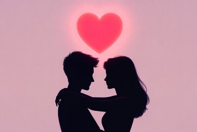 Silhouette couple embracing under heart