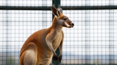 Red kangaroo standing by fence