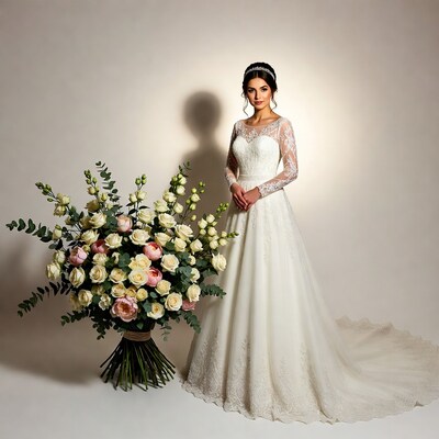 Bride with white roses bouquet