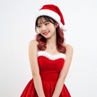 Asian woman in red Santa dress