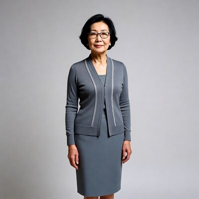 Asian woman in gray suit glasses