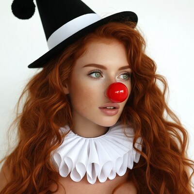 Redhead woman in clown costume