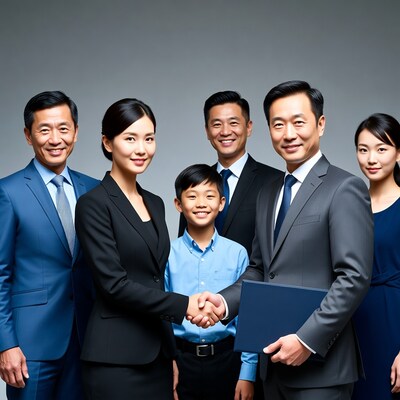 Asian business professionals shaking hands with boy