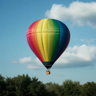 Rainbow hot air balloon over trees