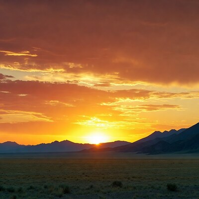 Sunset over mountains and desert plain