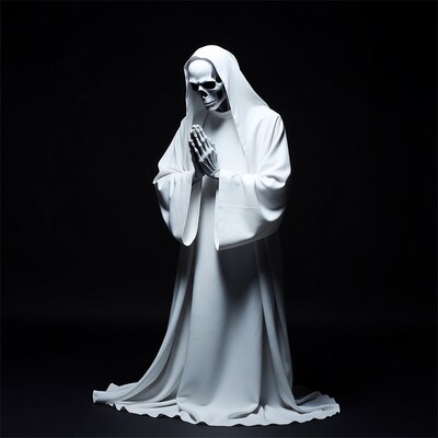 Skeleton Nun Praying in White Robe