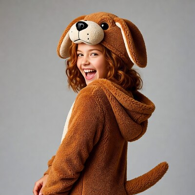 Girl smiling in plush dog costume