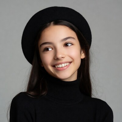 Girl smiling in black beret and turtleneck