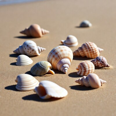 Colorful seashells scattered on beach sand