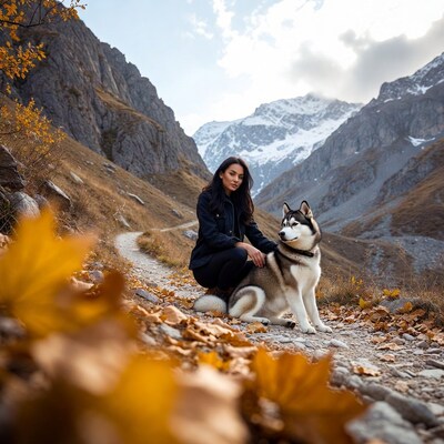 Woman with Husky in autumn mountains