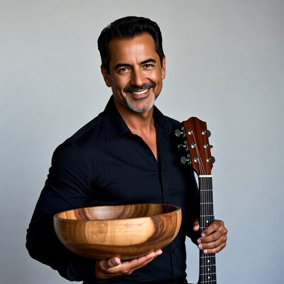 Man holding guitar and wooden bowl