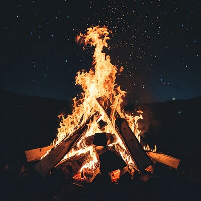 Campfire Burning Under Starry Night Sky