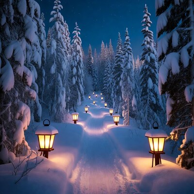 Snowy Path Lined with Lanterns in Forest
