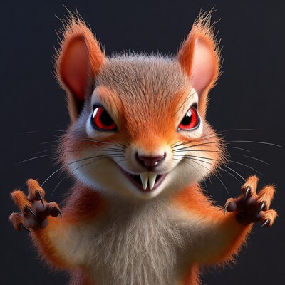 Scary red squirrel with fangs