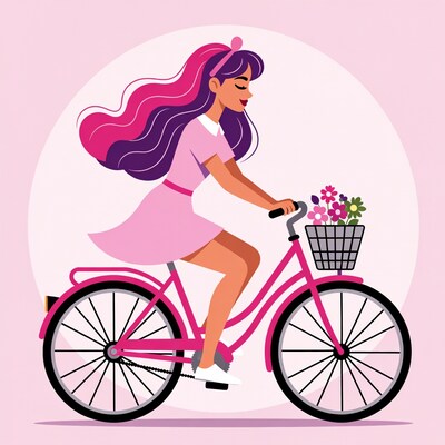 Woman riding pink bicycle with flowers