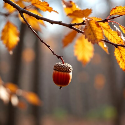 Acorn hanging from autumn branch